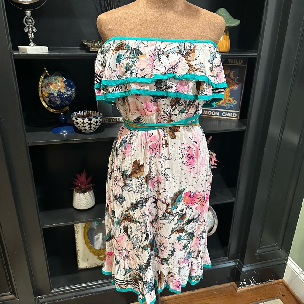 Anthropologie Floral Off-Shoulder Mini Dress with Teal Trim
